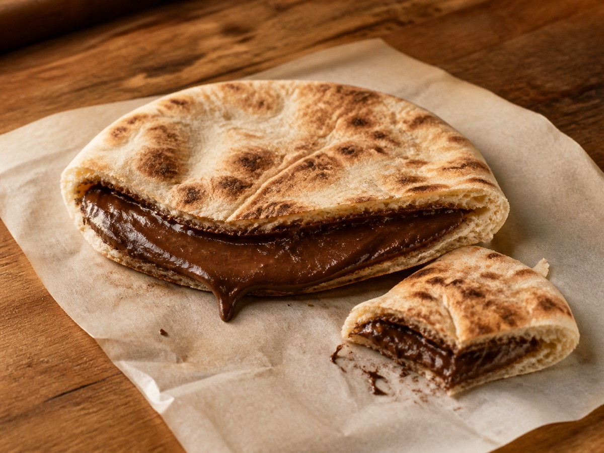Warm toasted pita filled generously with smooth Israeli chocolate spread