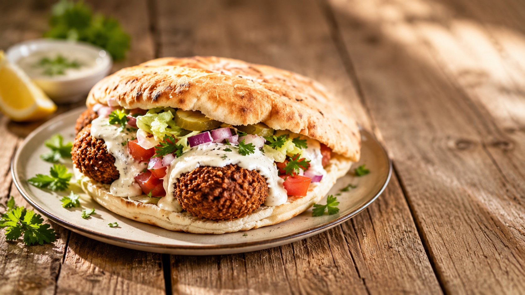 Falafel stuffed into a pita with hummus, tahini, amba, chopped salad, fried eggplant and pickles, from the Around the Table kosher food truck in Kingston, PA