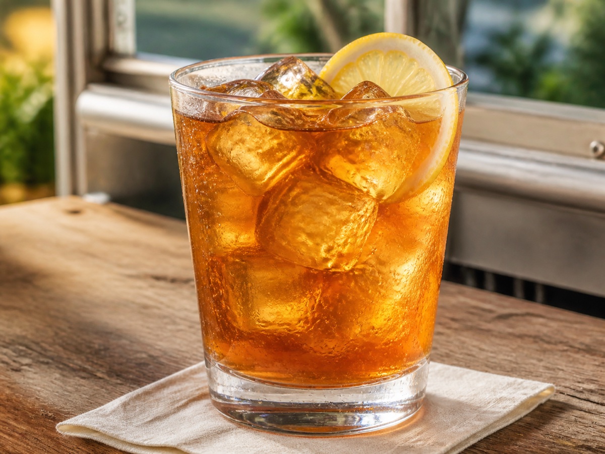 Fresh-brewed amber iced tea over ice with a lemon wheel