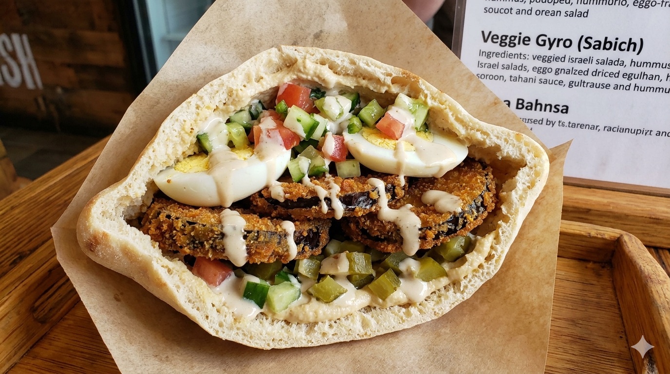 Veggie gyro (sabich) — breaded fried eggplant, hardboiled egg, chopped salad and tahini in a pita
