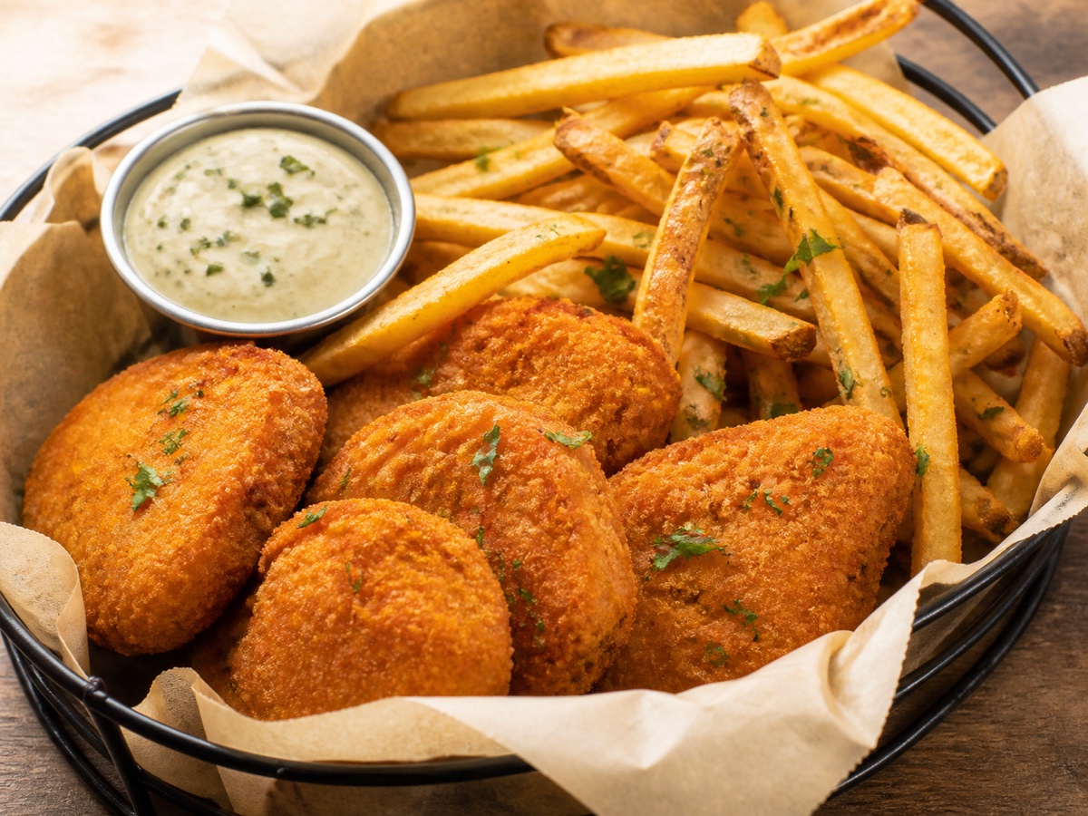 Golden vegan nuggets with fresh-cut french fries and a tahini herb dipping sauce