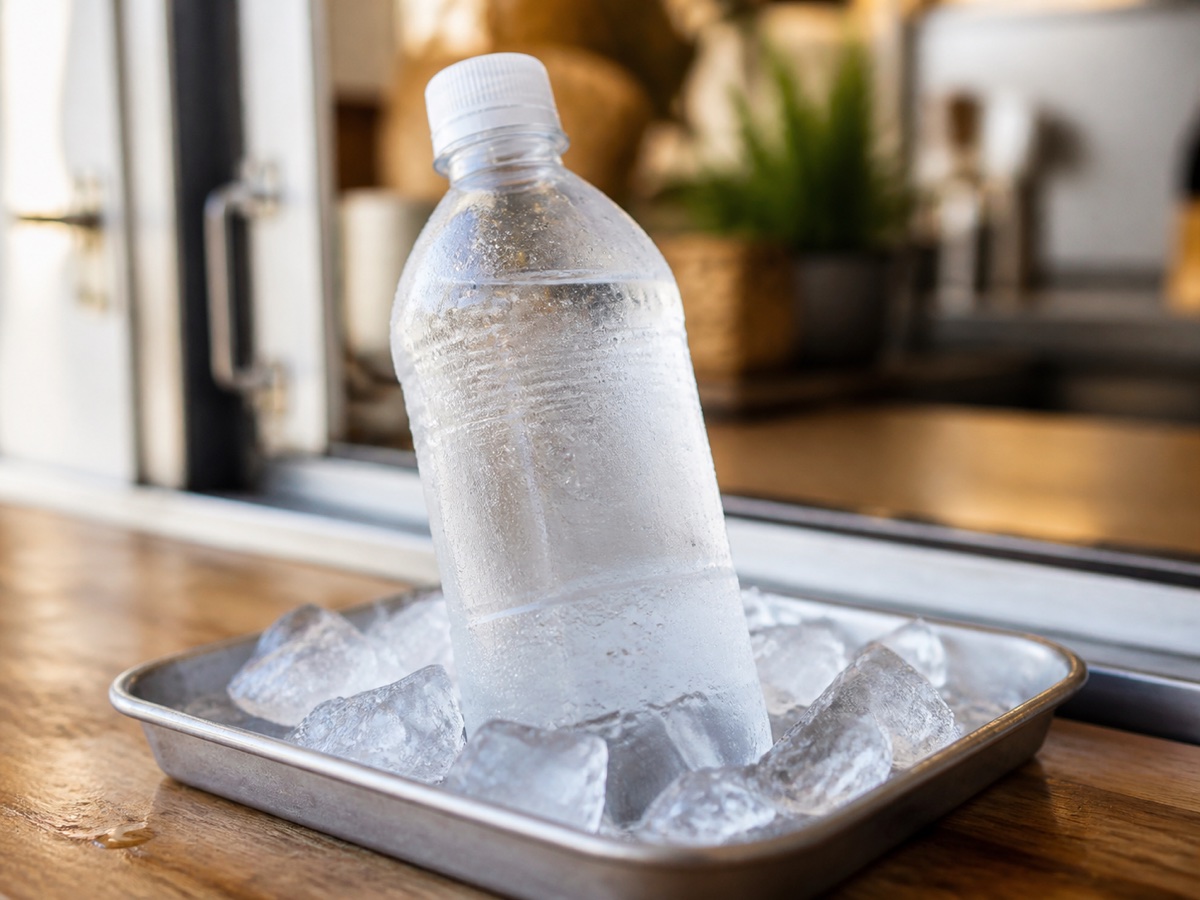 Cold unbranded bottled water resting in ice with condensation